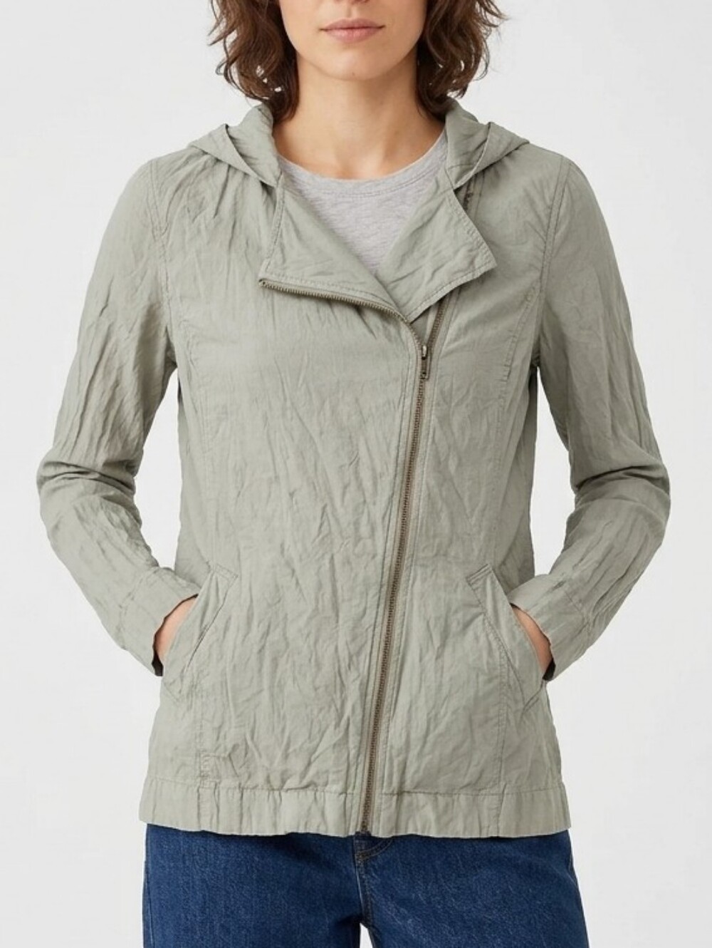 Eileen Fisher Rumpled Cotton Blend Asymmetric Zip Hooded Jacket Sage Grey PM